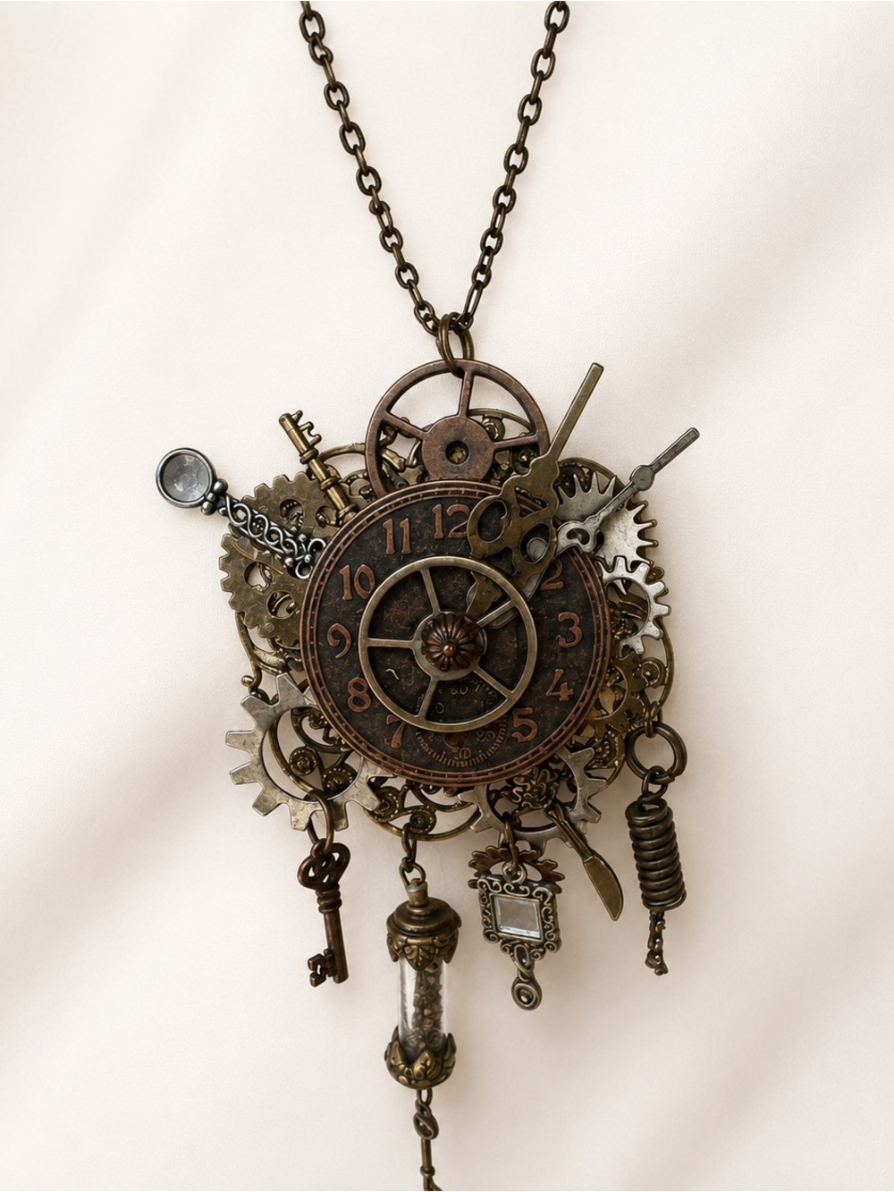 Handmade Steampunk Necklace with Gears, Clocks, and Mirrors – Vintage-Inspired